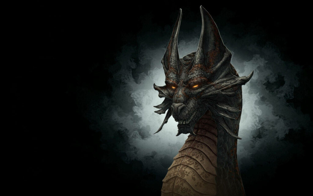 Obsidian Guardian dragon digital artwork with glowing orange eyes and intricate dark scales Wallpaper