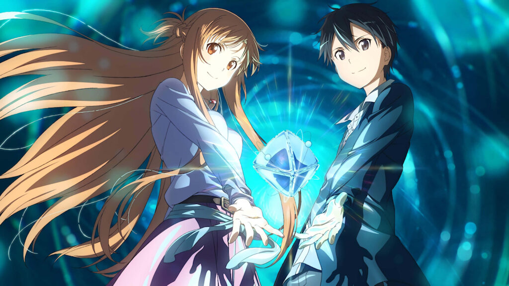 Virtual Adventurers Unite: Asuna and Kirito Embrace the Sacred Orb in Sword Art Online Wallpaper