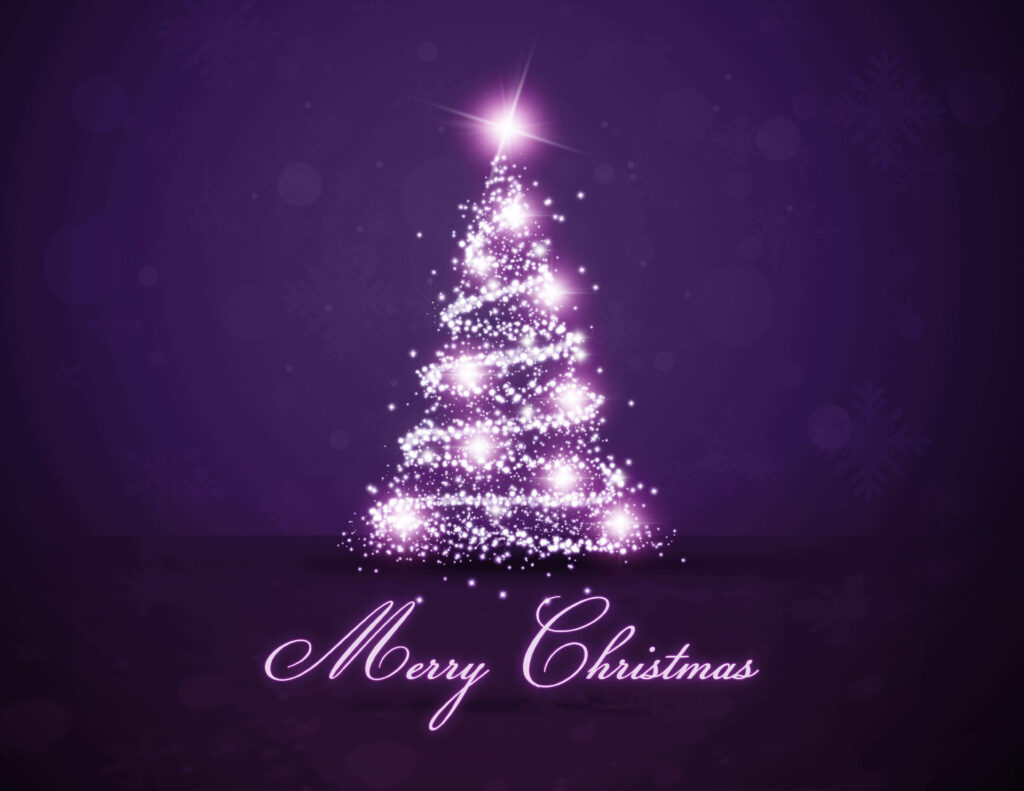 Enchanting Purple Christmas Wallpaper with Illuminated Tree & Greeting