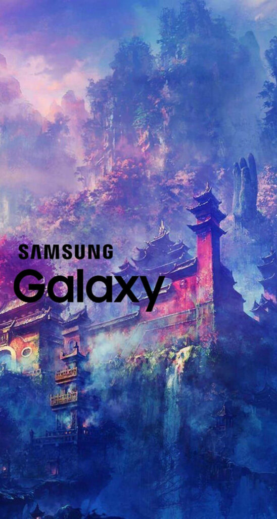 The Mystic Charm: Samsung Galaxy Wallpaper Featuring Japanese Temple Artwork and Black Logo Against Stunning Cliff Background