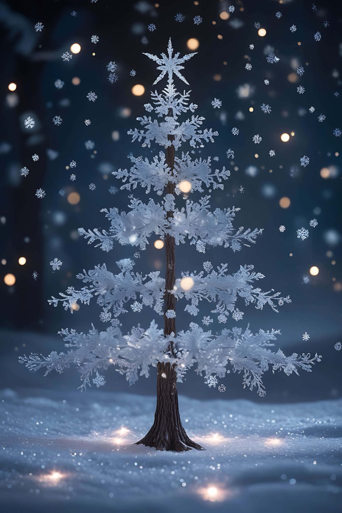 Enchanted snowflake tree with glowing frosty branches and crystalline star on winter night background Wallpaper