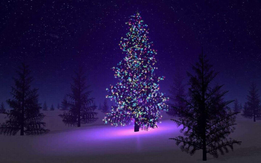 Enchanting Christmas Night: Glowing Tree in Snowy Forest Wallpaper