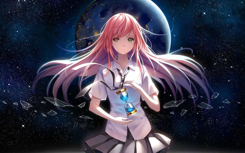 Cosmic Wallpaper: Girl with Pink Hair & Hourglass Against Blue Planet