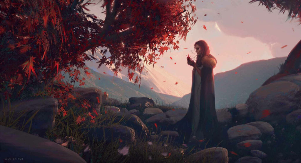 Mysterious witch under vibrant red tree with fallen leaves and tranquil mountain background wallpaper