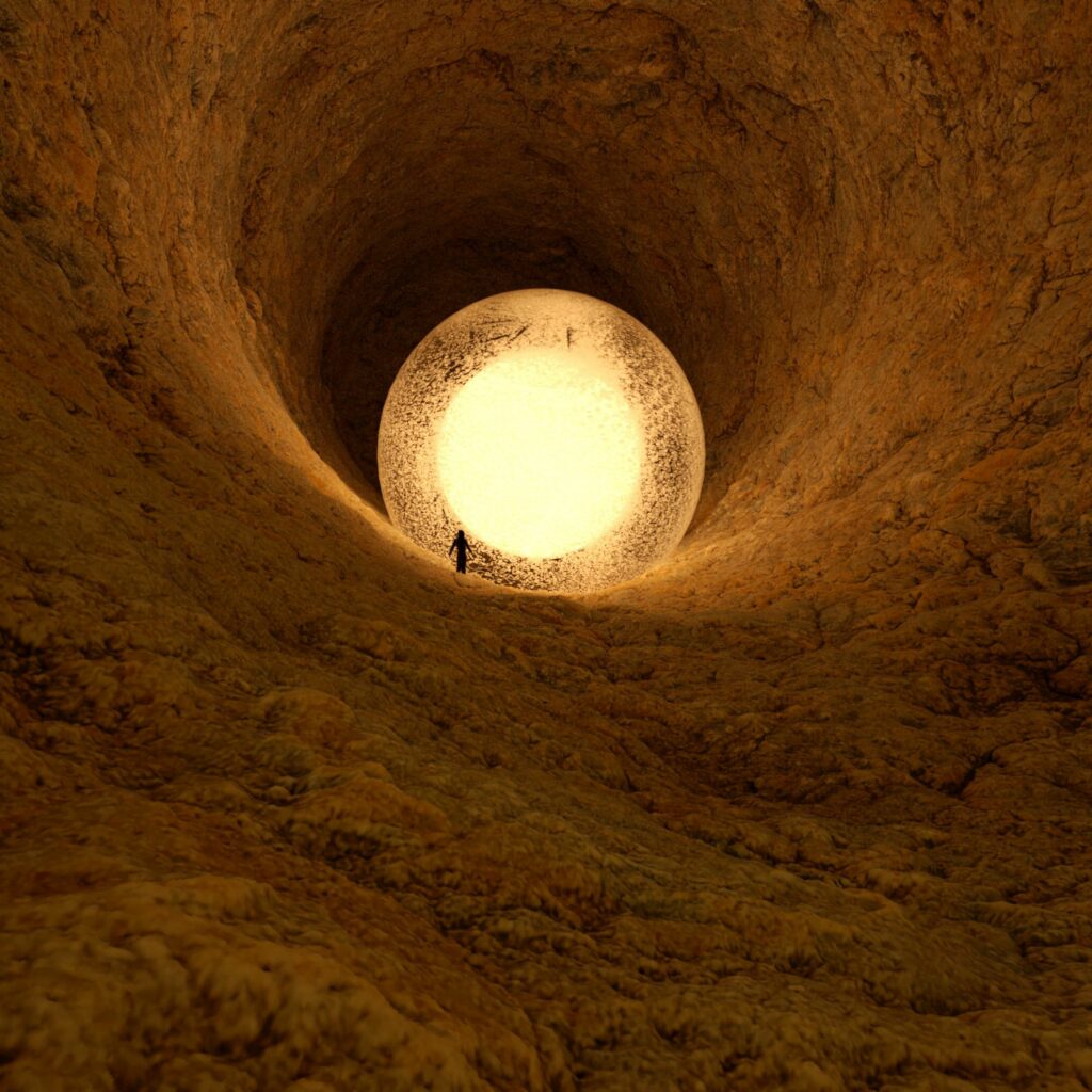 Enchanted 2160x2160 Cave Wallpaper with Luminous Spherical Object