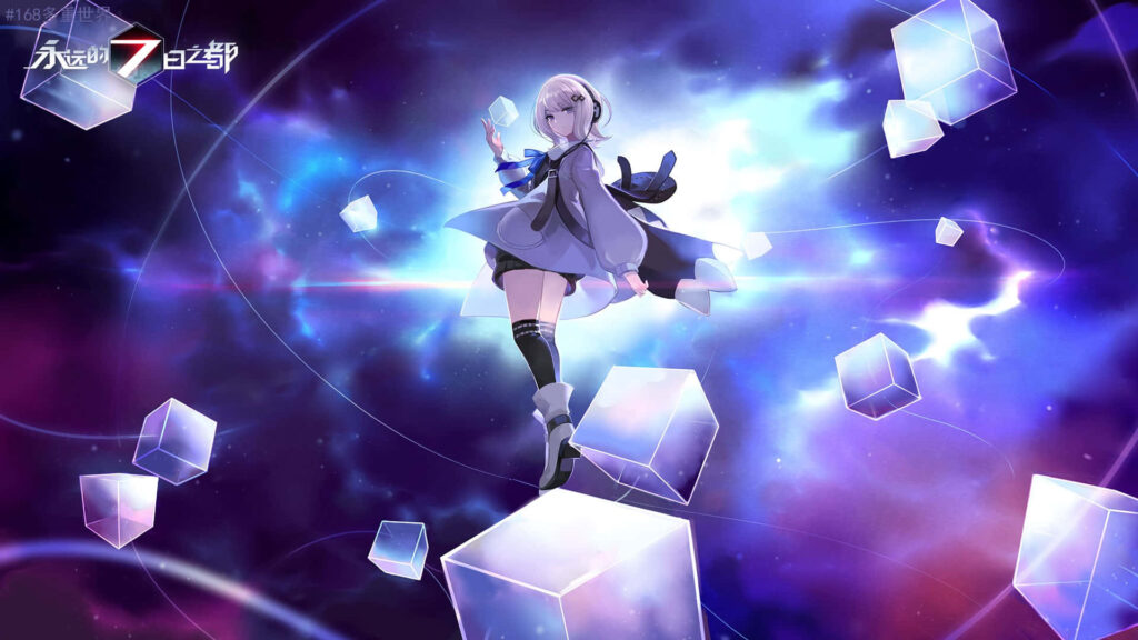3D Anime Princess Wallpaper: Cosmic Background with Floating Cubes