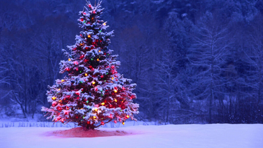Enchanting 3D Christmas Scene Wallpaper: Festive Tree in Snowy Landscape