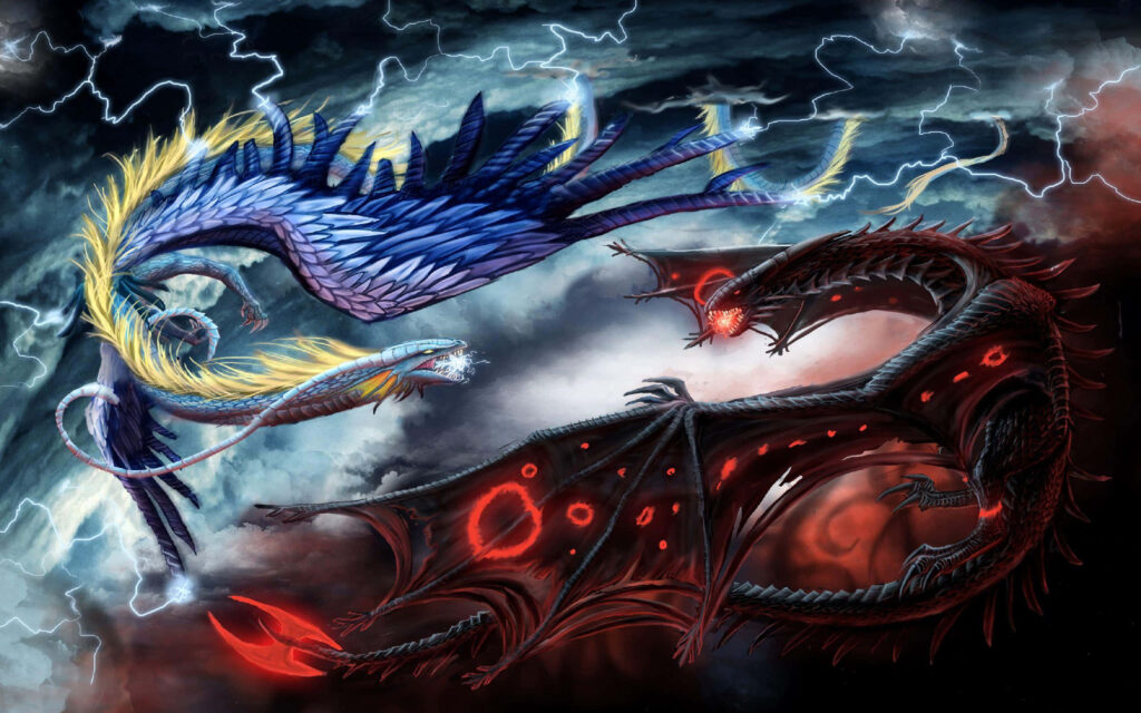 Enchanting 3D Fantasy Wallpaper: Dragons Clash in Stormy Realms