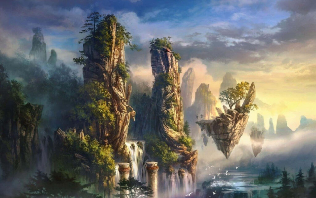 Enchanting 3D Fantasy Wallpaper with Floating Island & Waterfalls