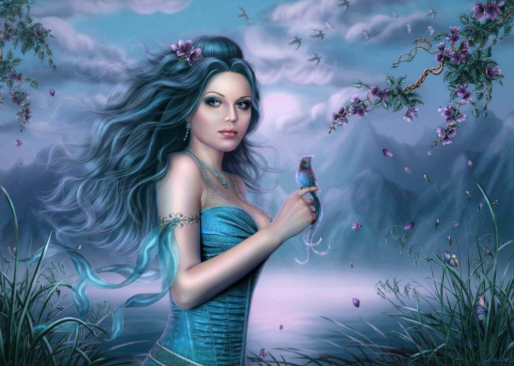Enchanted 3D Fantasy: Woman with Blue Hair in Mystical Landscape Wallpaper