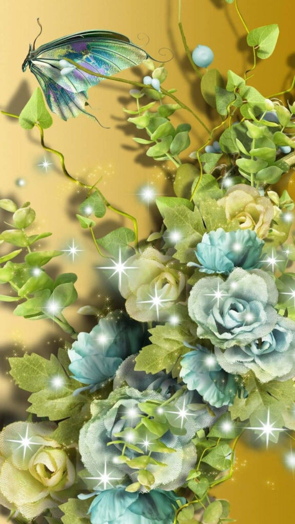 Enchanting 3D Flower Wallpaper with Butterfly & Lush Greenery