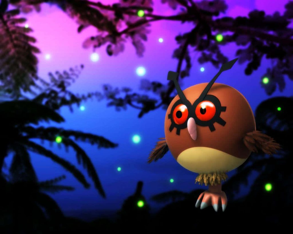 3D Hoothoot Pokémon on purple blue gradient with glowing orbs and silhouetted foliage wallpaper