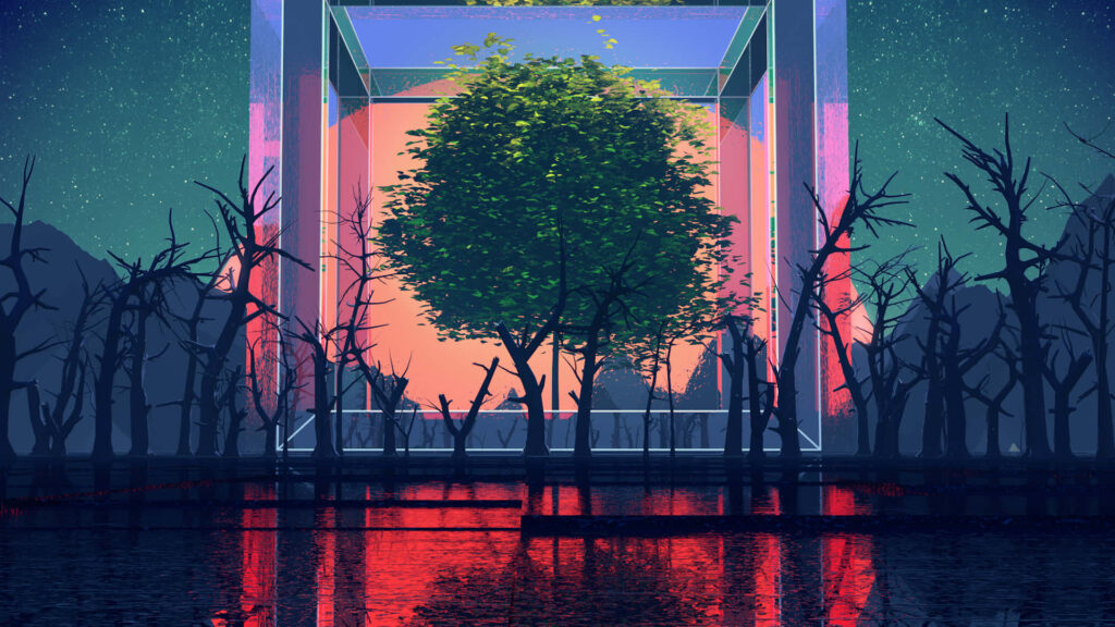 Enchanting 3D Sunset Landscape Wallpaper: Vibrant Tree & Starry Sky