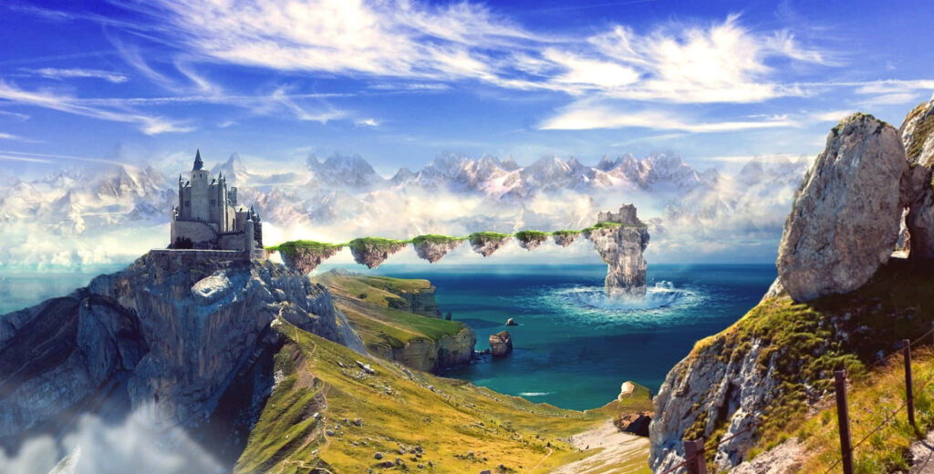 Enchanting 3D Landscape Wallpaper: Waterfall & Whimsical Castle