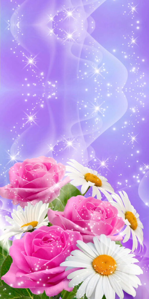Enchanting 3D Pink Roses & White Daisies Wallpaper on Purple Background