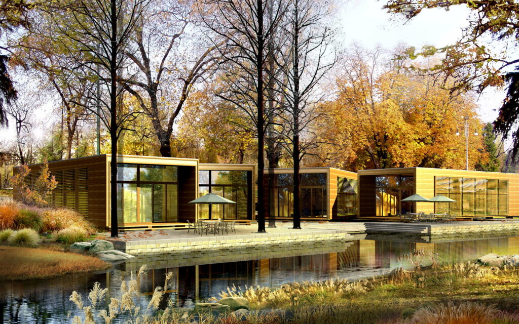 Riverfront Residence: Immersive 3D Home Amidst Lush Nature with Waterfront Views Wallpaper
