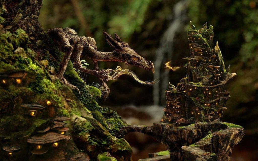 Enchanting 3D Wallpaper: Dragon Meets Fairy in Fantasy Forest