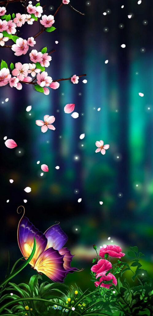 Enchanting 3D Wallpaper: Vibrant Flowers & Butterfly for Android