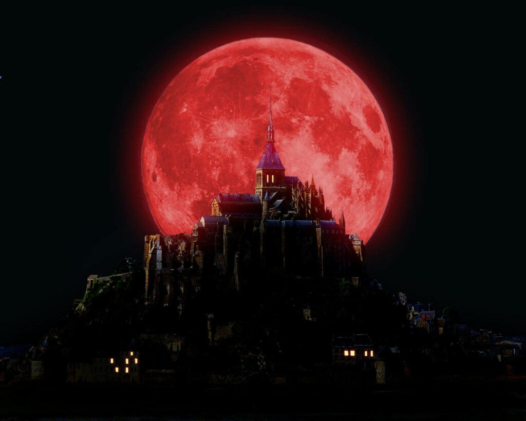 Enchanting 4K Wallpaper: Dark Castle & Glowing Red Moon Aesthetic