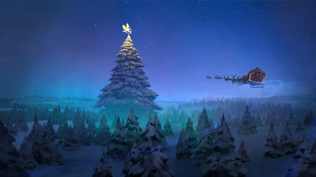 Festive Enchantment: Majestic Spruce Forest Illuminated by Santa's Sleigh - 8k Yuletide Wonderland Wallpaper