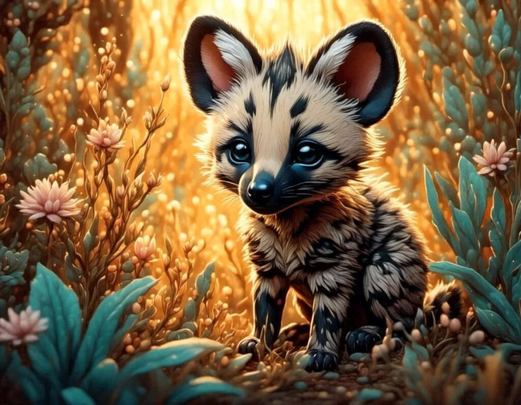 Enchanting Aardwolf Pup Wallpaper in Golden Field with Flowers
