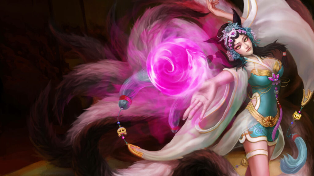 Enchanting Ahri Captivating Hearts: Mesmerizing Turquoise Attire and a Playful Pink Orb Wallpaper