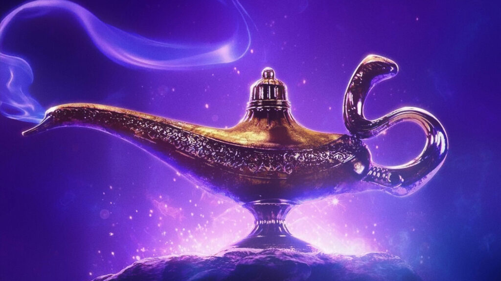 Enchanting Aladdin Genie Wallpaper: Magical Lamp on Purple Background