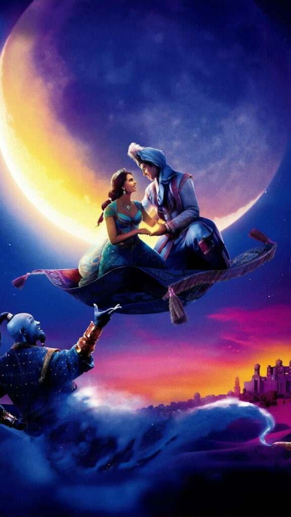 Enchanting Aladdin & Jasmine Carpet Ride Wallpaper Under Moonlight