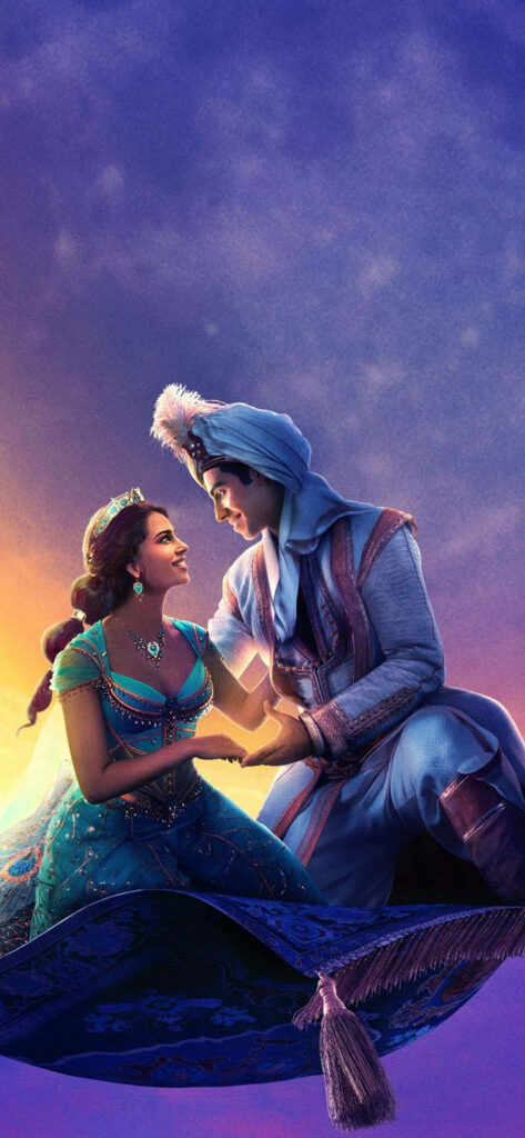 Enchanting Aladdin & Jasmine Flying Carpet Wallpaper at Sunset