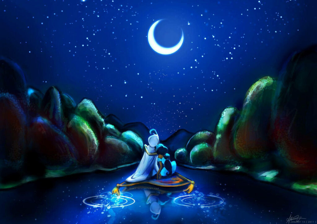 Enchanting Aladdin & Jasmine Wallpaper: Magical Carpet Ride Under Moon
