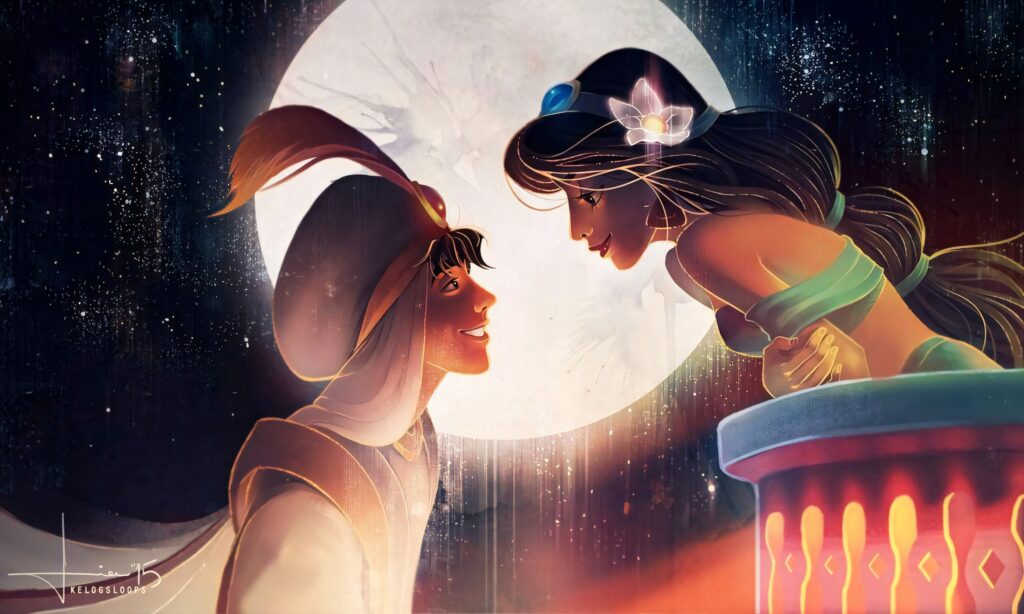Enchanting Aladdin & Jasmine Wallpaper: Romantic Moonlit Background