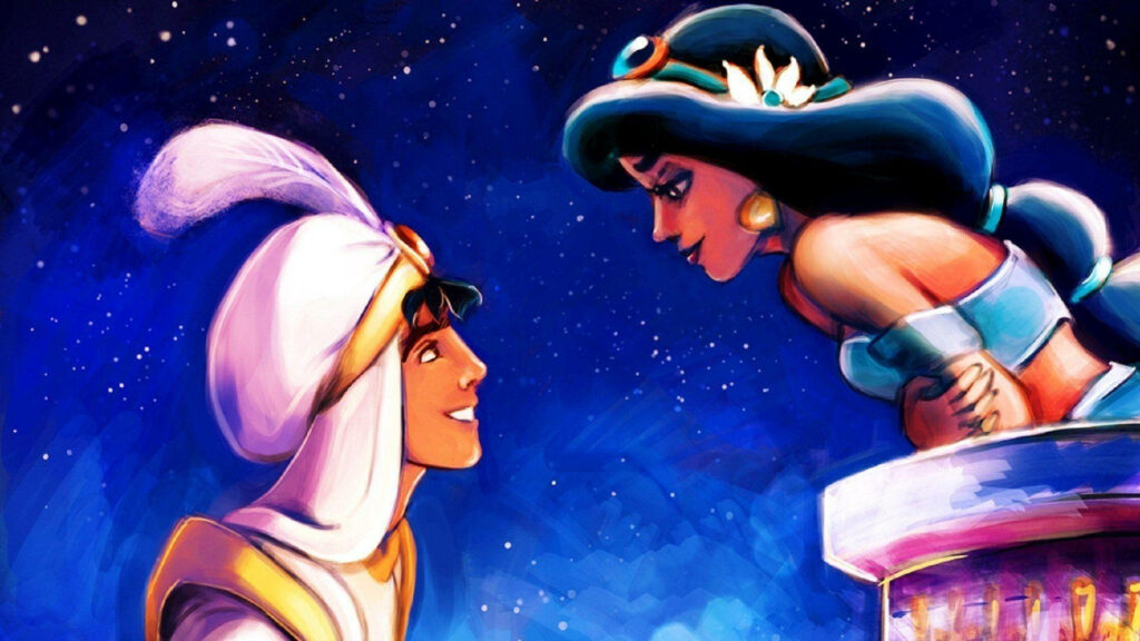 Enchanting Aladdin & Jasmine Wallpaper Under Starry Night Sky