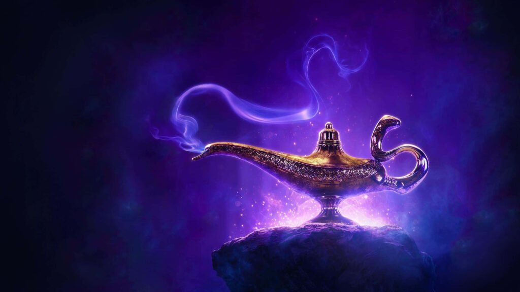 Enchanting Aladdin Magic Lamp Wallpaper on Mystical Purple Background