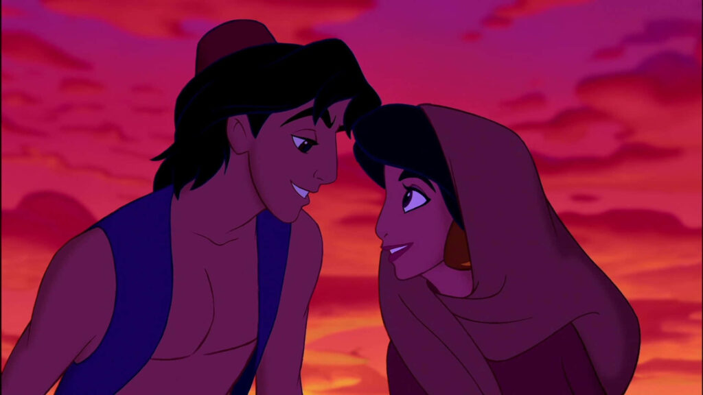 Enchanting Aladdin & Jasmine Wallpaper: Love Against a Sunset