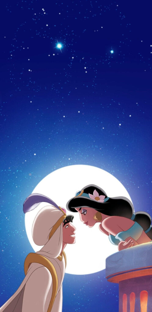 Alluring Aladdin and Jasmine: A Tumblr Aesthetic Masterpiece Set Amid Moonlit Skies and Stellar Galaxies Wallpaper