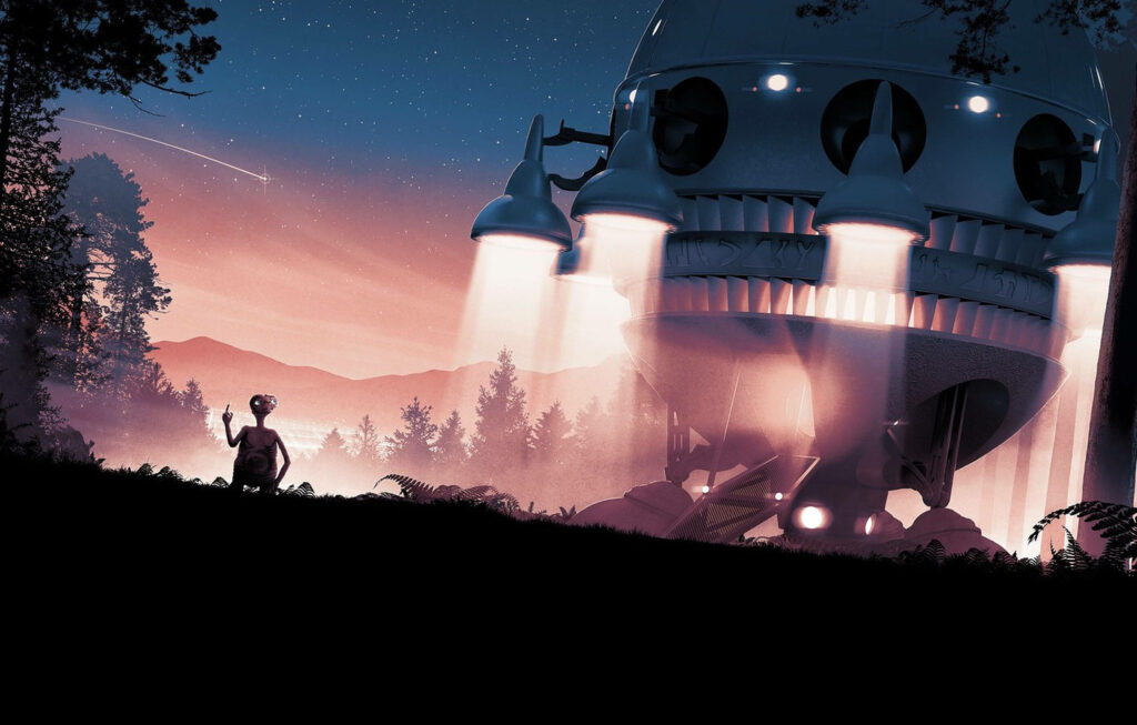 Stunning Alien Spaceship Wallpaper in Starry Forest Landscape