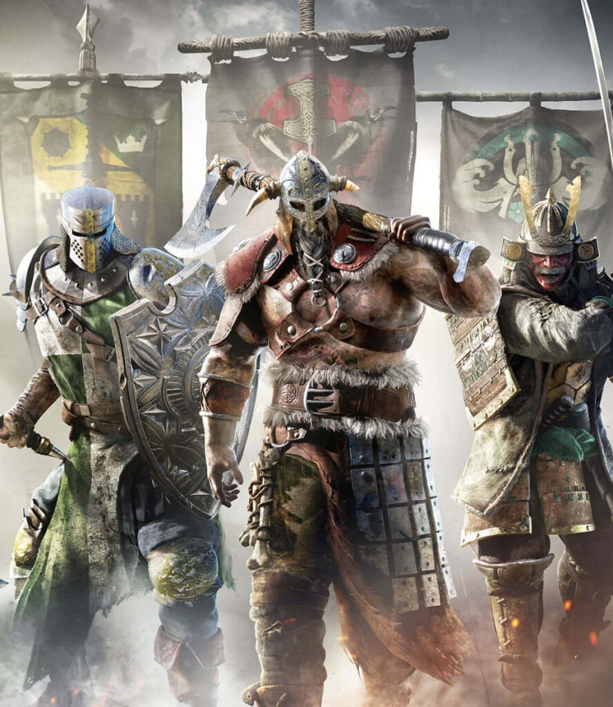 The Epic Trichotomy: For Honor Wallpaper Showcasing Samurai, Vikings, and Knights with Their Respective Flags