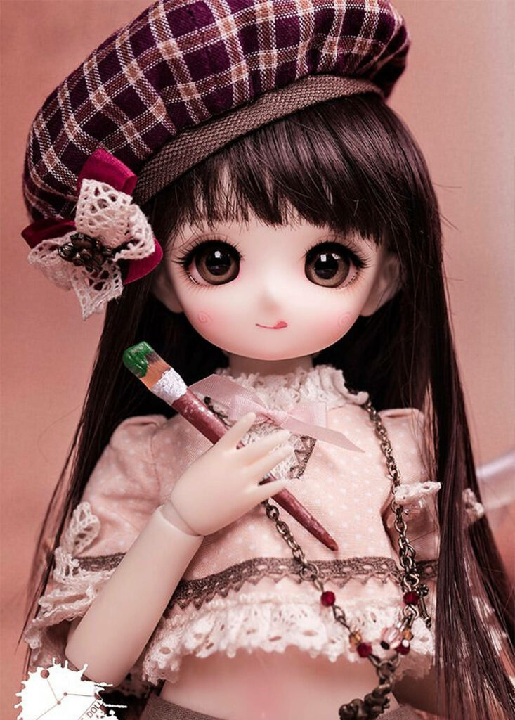 Dainty Anime Artist Doll: Embracing Creativity in Plush Perfection amidst Rosy Splendor Wallpaper