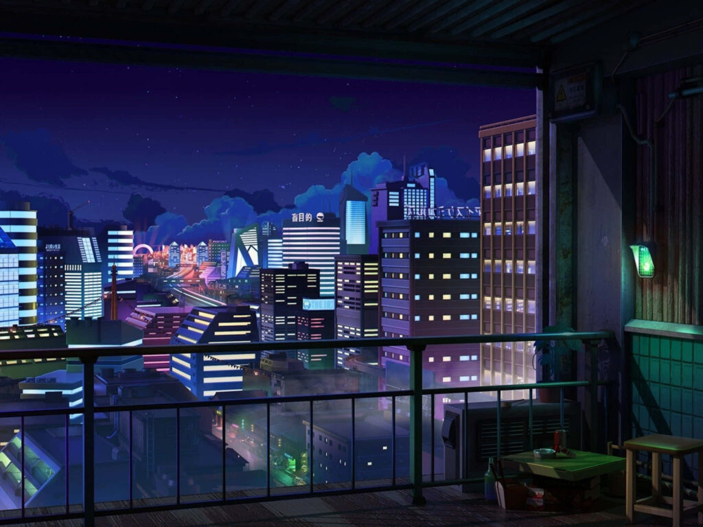 Serene Anime Cityscape at Dusk: Balcony View with Glowing Lights Wallpaper