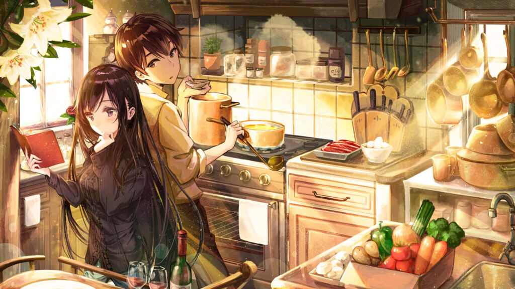 Anime Love in a Cozy Culinary Haven: Captivating 1920x1080 Kitchen Background with a Delightful Art Rendering of a Couple Preparing Scrumptious Meals Wallpaper