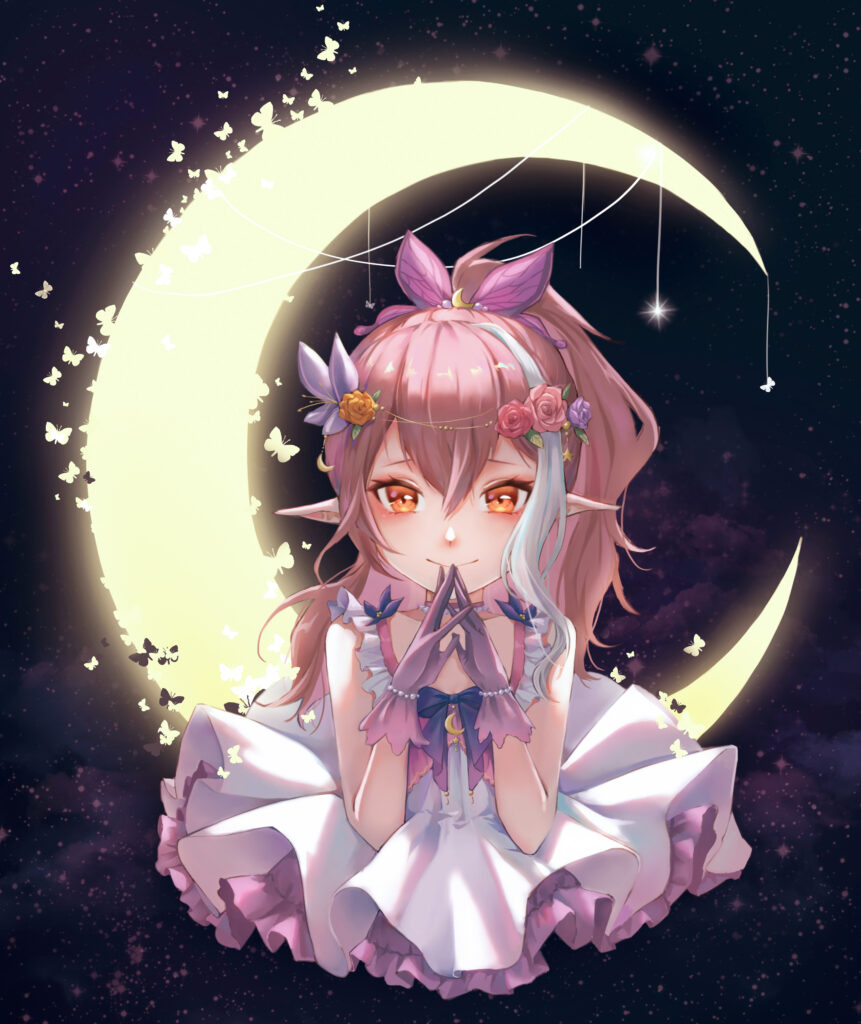 Enchanting Anime Girl in Gown with Moon and Butterflies Wallpaper