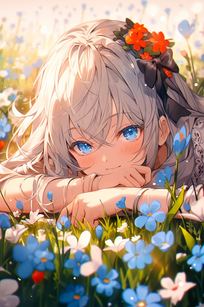 Serene Anime Girl in Vibrant Flower Field - Enchanting Wallpaper