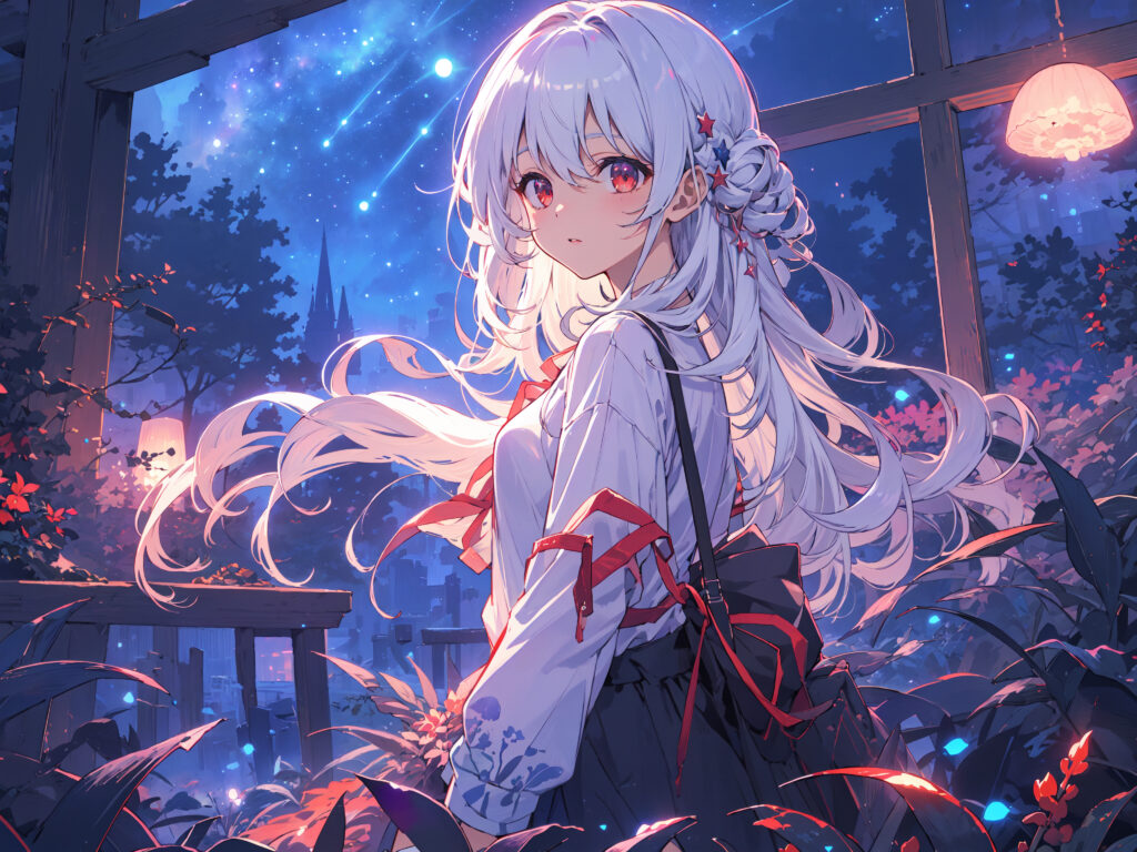 Enchanting Anime Girl in Starry Night: Serene Wallpaper Art