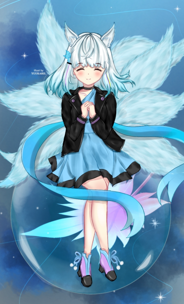 Enchanting Anime Girl Wallpaper with Fox Ears on Soft Blue Background