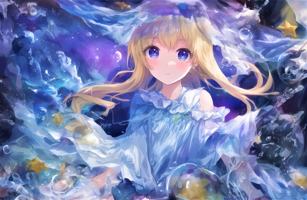 Anime Girl with Blue Eyes in Dreamy Cosmic Wallpaper