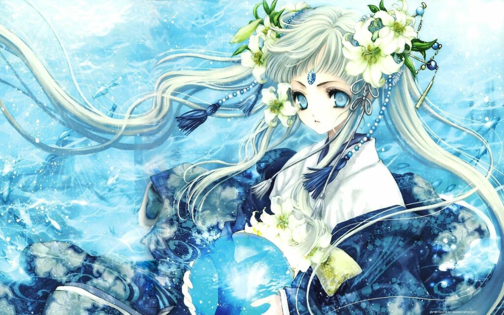 Enchanting Anime Girl Wallpaper with Floral Accents on Blue Background