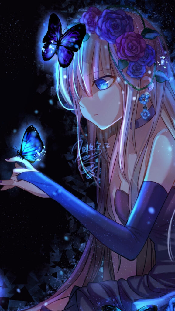 Enchanting Anime Girl with Roses and Blue Butterfly Wallpaper