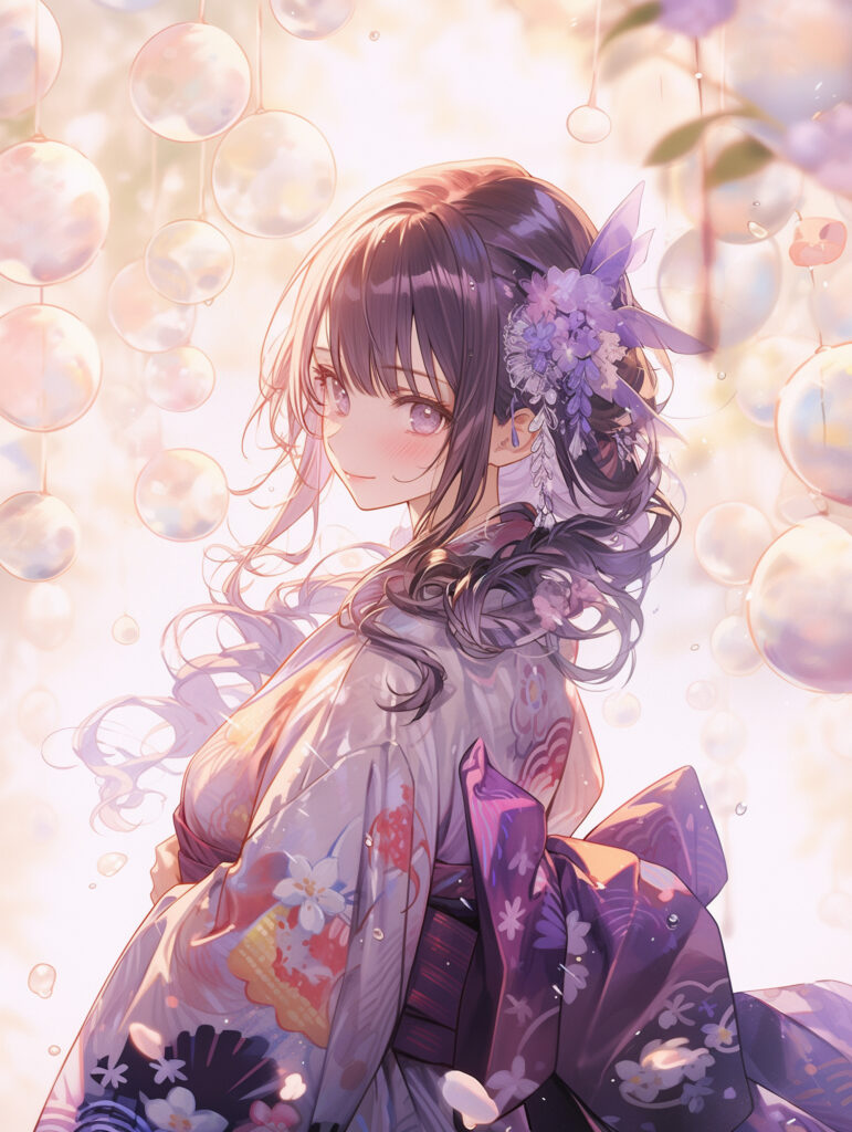 Enchanting Anime Girl in Floral Kimono - Serene Wallpaper Design