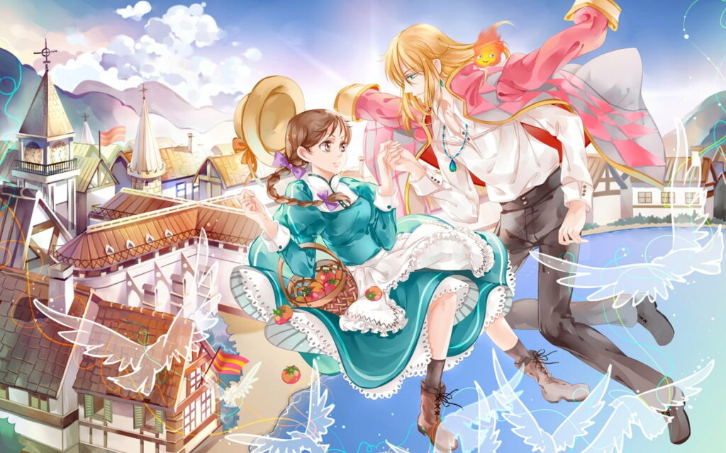 Enchanting Anime Adventure: Howl's Moving Castle Comes to Life with Calcifer, Howl Jenkins Pendragon, and Sophie Hatter in HD Wallpaper Background