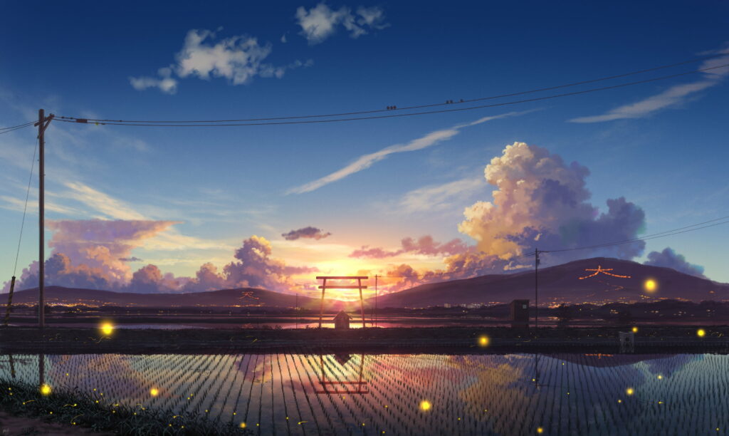 Enchanting Anime Sunset Wallpaper: Vibrant Clouds & Rice Field Magic